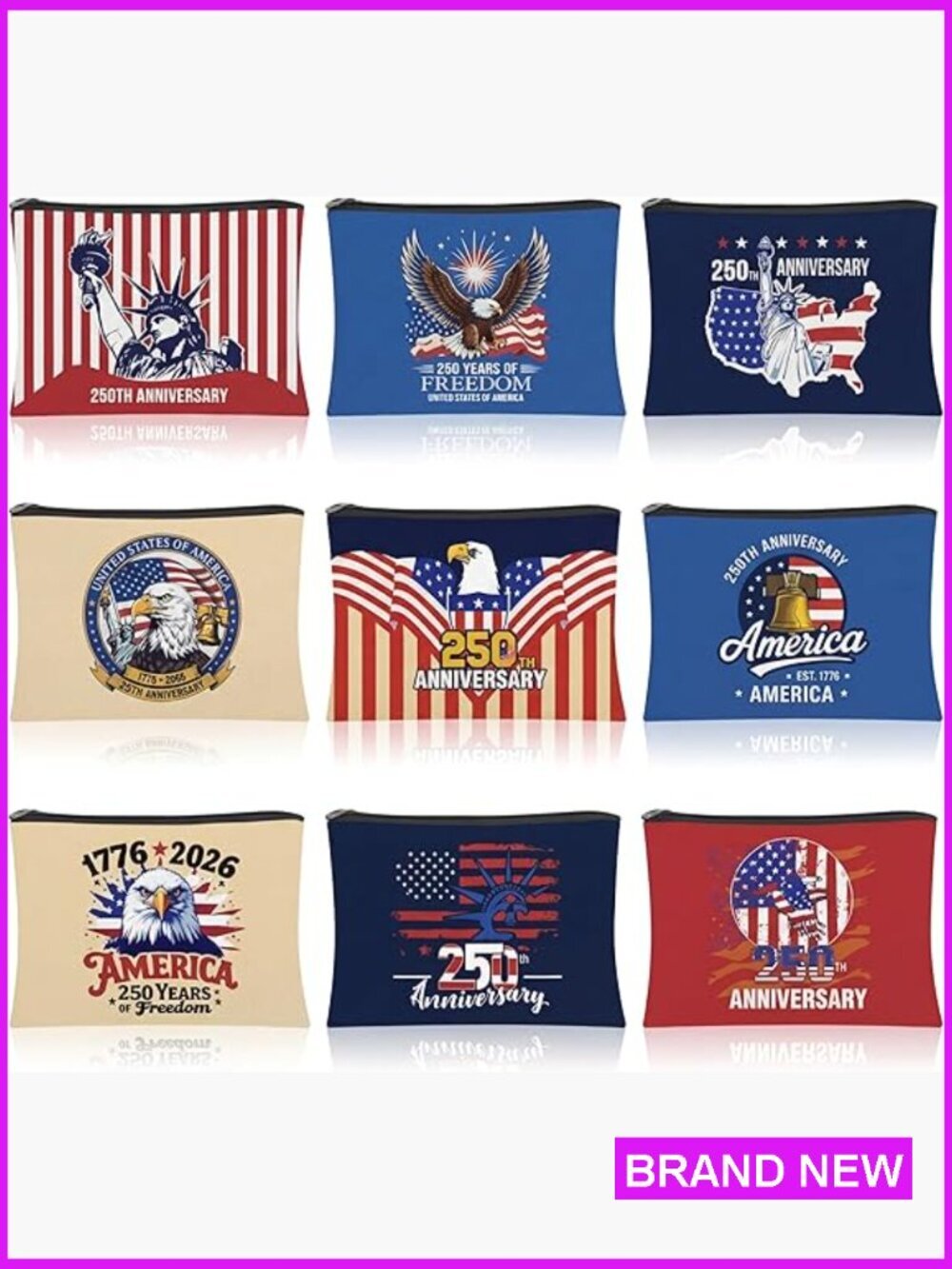 Patriotic Canvas Makeup Bags Zippered Cosmetic Pouch Set of 9 Historical